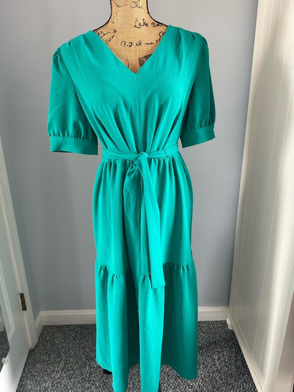 Women’s Teal V-Neck Tiered Midi Dress with Waist Tie